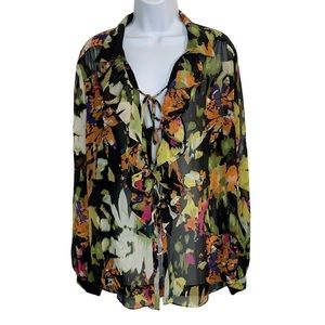 CABI Cascading Long Sleeve Floral Tie Front Blouse Sz M
